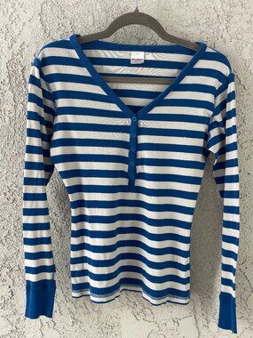 Hanna Andersson 100% Organic Cotton Blue White Striped Long Sleeve Henley Size S
